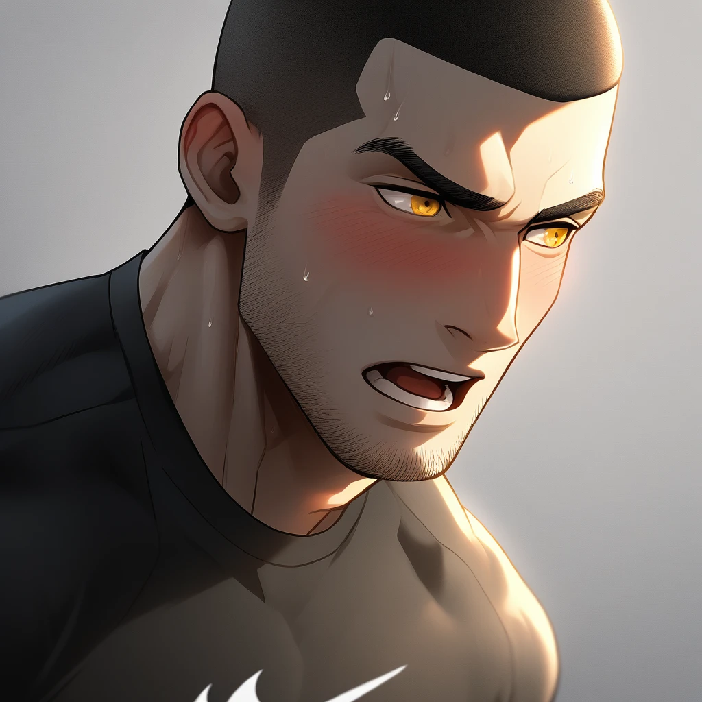 1muscular sportsman, Athlete,male focus, Buzz Cut, Yellow and black tight T-shirt, nike logo,Very tight, muscular male, muscular, only, Upper body, alone, look to the side, short hair, stubble, sweat, black hair, Yellow eyes, open lips, White background, simple background, amazing quality, best aesthetics, Ridiculous, crew cut, moaning, blush, clair obscur, cinematic lighting, best quality, textured skin