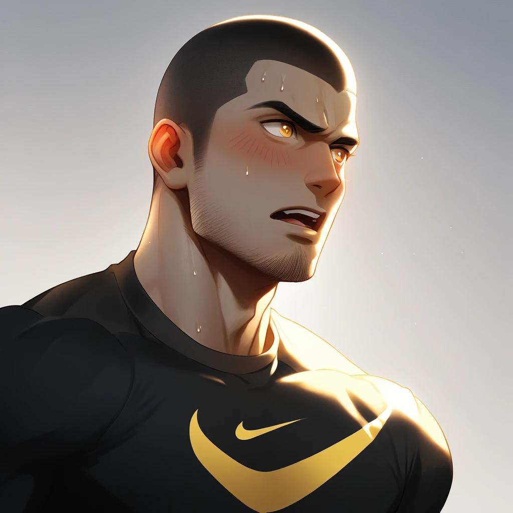 1muscular sportsman, Athlete，male focus, Buzz Cut, Yellow and black tight T-shirt, nike logo，Very tight, muscular male, muscular, only, Upper body, alone, look to the side, short hair, stubble, sweat, black hair, Yellow eyes, open lips, White background, simple background, amazing quality, best aesthetics, Ridiculous, crew cut, moaning, blush, clair obscur, cinematic lighting, best quality, textured skin