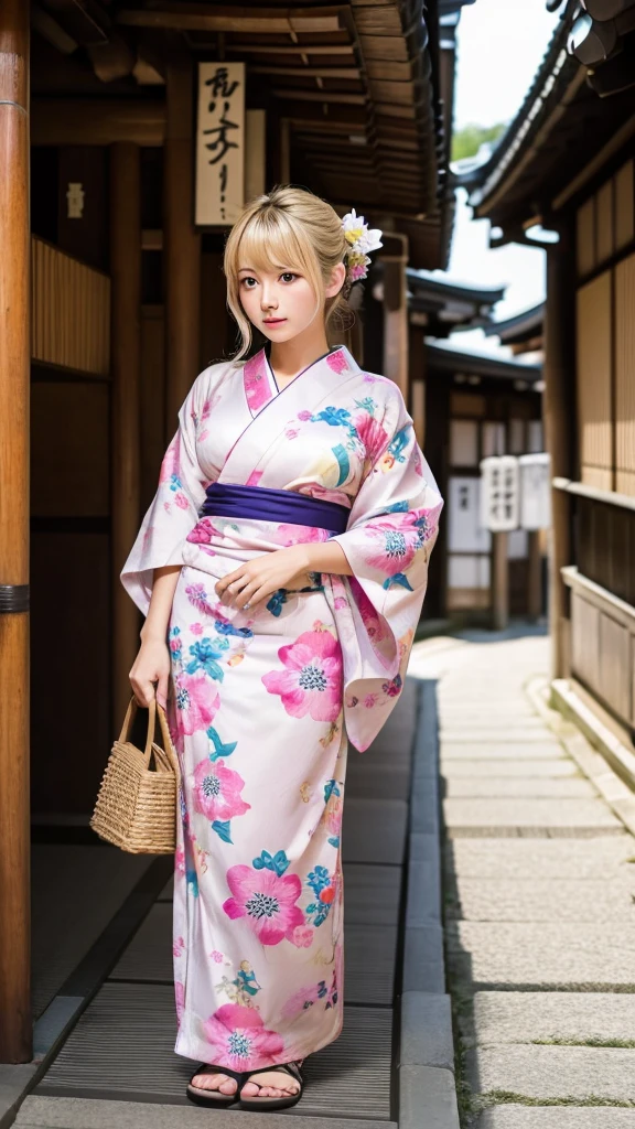 ((Highest quality)), ((masterpiece)), (detailed), One girl, sexly、Busty Japanese woman、Beauty、Embarrassed expression、whole body、Angle from below、Blonde、yukata、Kyoto