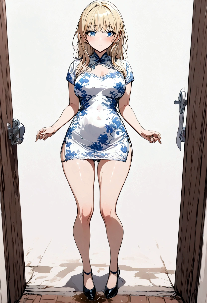 Anime. Baby. Princess. Blonde. Long hair. Blue eyes. Beautiful eyes. Light dress. Shoes. Urinary incontinence. Pee. Wants to pee. I need to pee. A very strong, desperate urge to pee. presses his hand tightly to his crotch. I peed. Pees while standing. Pissing to himself. Pissing in panties. I peed myself. Urine runs down my thighs. There is a wet spot on the crotch of the dress. The girl can't stand straight. Fantasy city. Lock. Corridor . At the entrance to the toilet. Full height. Standing. Full body.