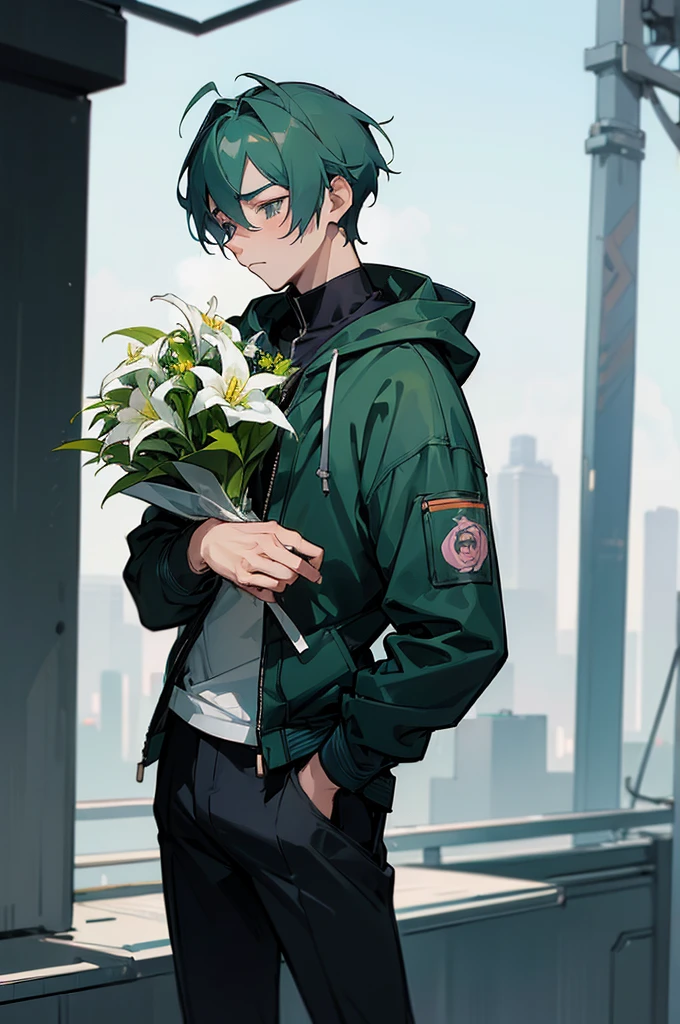 (((Young man with a bouquet))), Bouquet of lilies.  From the waist up, Overlooking, with index finger, wise ( Valuing ), zerochan, suit, wataru kajika, anime character, the truth of the matter, 2 d anime style, detailed anime character art, anime moe artstyle, cyberpunk anime girl in hoodie, anime style character