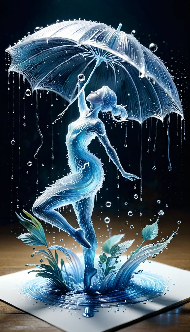 Dessiner sur une feuille, Dessiner une danseuse 4D de style encre uhd époustouflante et à couper le souffle, danseuse invisible déshabillée dansant sous la pluie, L’eau de pluie d’une personne invisible coule sur elle , Jour de pluie, effet holographique qui semble sortir de la feuille de dessin, dessin extrêmement détaillé, hyperréaliste, Des détails sublimes. Un travail vraiment remarquable, travail joyeux et sensuel, arrière plan minimaliste