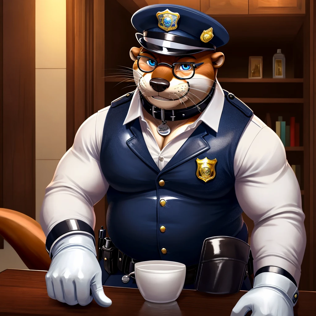 Solo, Male, fat, squatting, extremely obese, gentleman, dapper Otter, blue eyes, (soft shading), 4k, hi res, ((detailed face, detailed)), looking at viewer, evil grin, police station, collared shirt with buttons, hat, male focus, Police Uniform, glasses, monocle, vest with buttons, sleeves rolled up, round eyewear, headwear, vest, Otter is wearing a glossy leather dog collar around the neck, Otter is wearing the leather collar and shirt and vest at the same time, Otter is wearing glossy white rubber gloves on the hands, wearing white rubber gloves on the feet, Otter is wearing glossy white cuffs around the wrists with cufflinks, gloves are rubber in texture, clenching teeth, clenching fists, leather collar is glossy and shiny with a lot of detail, Otter is wearing gloves and cuffs and cufflinks at the same time, leather collar has a round dog-tag, leather collar is thick and detailed.