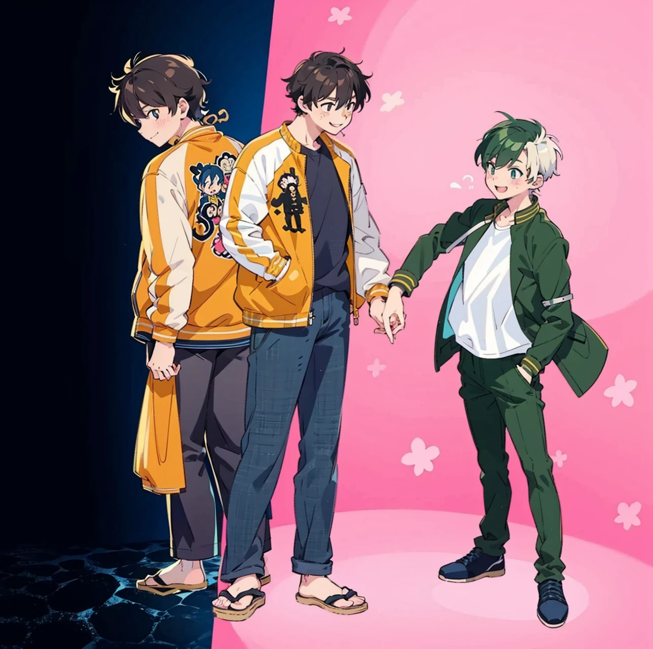 anime characters standing next to each other holding hands, smiling on a pink background, offcial art, visual principal do anime”, bishounen, official anime still, official fanart, inspired by Okumura Masanobu, anime key visual concept, koyoharu gotouge, offcial art do anime, official anime from the studio yet, official modern anime, main visuals of the anime, anime cel shaded