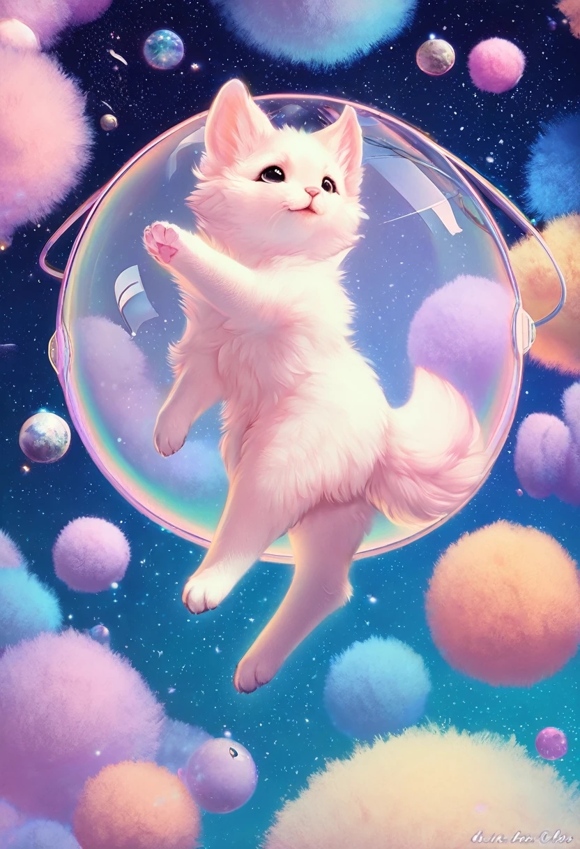 best quality, super fine, 16k, 2.5D, delicate and dynamic depiction, cute, furballs, fluffy, soft, floating, Infinite space, fantasy wonderland, zero gravity, cute pastel textures, pop art effects