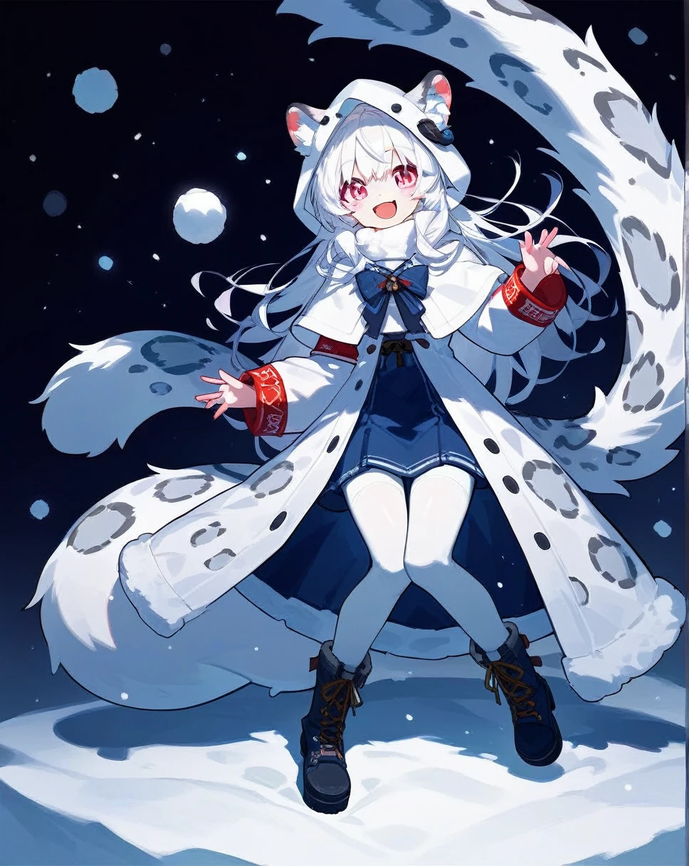 (score_9,score_8_up,score_7_up,score_6_up,score_5_up,score_4_up),solo blue shirt,blue sailor coat,full body,white hair,snow leopard ear,white background,white hood,pink eyes,white cloak,fur-trimmed snow leopard ear capelet,laugh,happy,white pantylines,fur-trimmed boots,red armband,