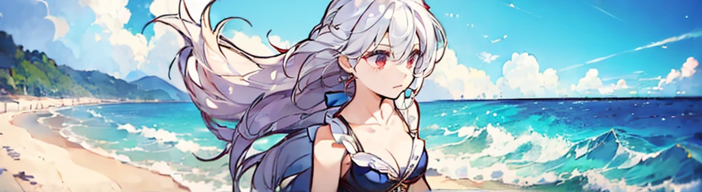 (((1girl:1.5))), white hair, red eyes, long hair, (collarbone:1.4), (masterpiece, best quality) (detailed light), (very delicate and beautiful), Close-up showing a woman on the beach, saturated!! body! launch, saturated launch ( FS ), saturatedy body launch, saturated body! launch, from girls frontline, saturated-launch, saturated - launch, fine details. girls frontline, saturated launch rpg, hot and sunny, saturated_body!!, saturated body launch 4k, beach background, ((swimsuit))