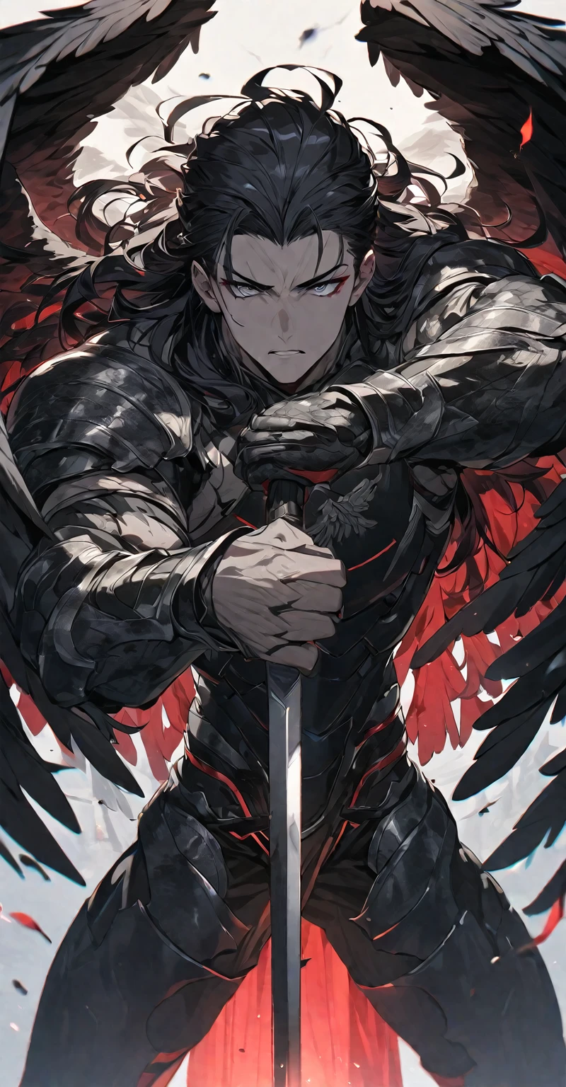 Best quality, one, beautiful, 1 man, tall man, with a sporty body, V-shaped body, wide shoulders, black detailed armour with bright white details, 10 black feathered wings, long hair, black hair covered with dirt and charcoal, neon white pupils (white eyes), the man has a huge sword in his hand, in a fighting position, against the background of Black miasma with shades of red