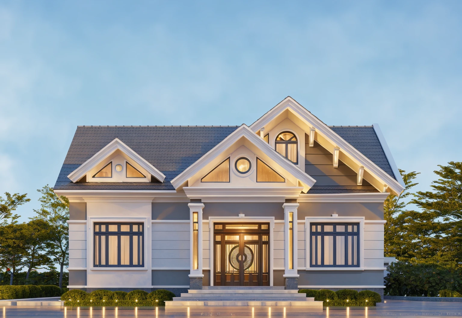 PLATFORM KTHOUSE, 1 morden WHITE house,1large yard, 1 road runs in front of the house, (RAW photo, real, best quality, masterpiece:1.2), look morden minimalist, 1 road in front of the house, dynamic lighting:1.3, (hyper realistic, photo-realistic:1.2), high quality, (dark lighting:1.2), perfect lighting, archdaily, no human, light at 12 noon, warm light in door:1.1, blue sky:1.3, shimering lighting