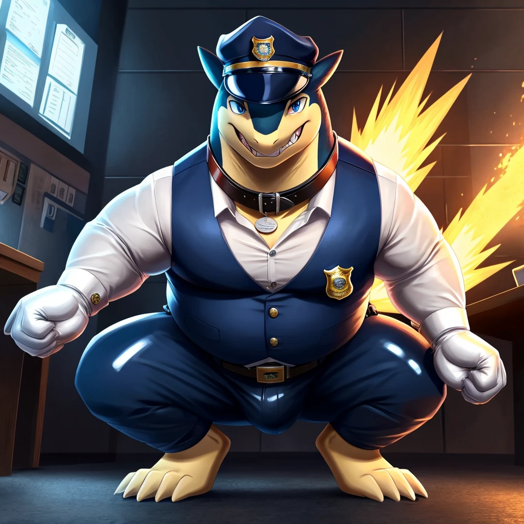 Solo, Male, fat, squatting, extremely obese, gentleman, dapper Typhlosion, blue eyes, (soft shading), 4k, hi res, ((detailed face, detailed)), looking at viewer, evil grin, police station, collared shirt with buttons, hat, male focus, Police Uniform, glasses, monocle, vest with buttons, sleeves rolled up, round eyewear, headwear, vest, Typhlosion is wearing a glossy leather dog collar around the neck, Typhlosion is wearing the leather collar and shirt and vest at the same time, Typhlosion is wearing glossy white rubber gloves on the hands, wearing white rubber gloves on the feet, Typhlosion is wearing glossy white cuffs around the wrists with cufflinks, gloves are rubber in texture, clenching teeth, clenching fists, leather collar is glossy and shiny with a lot of detail, Typhlosion is wearing gloves and cuffs and cufflinks at the same time, leather collar has a round dog-tag, leather collar is thick and detailed.