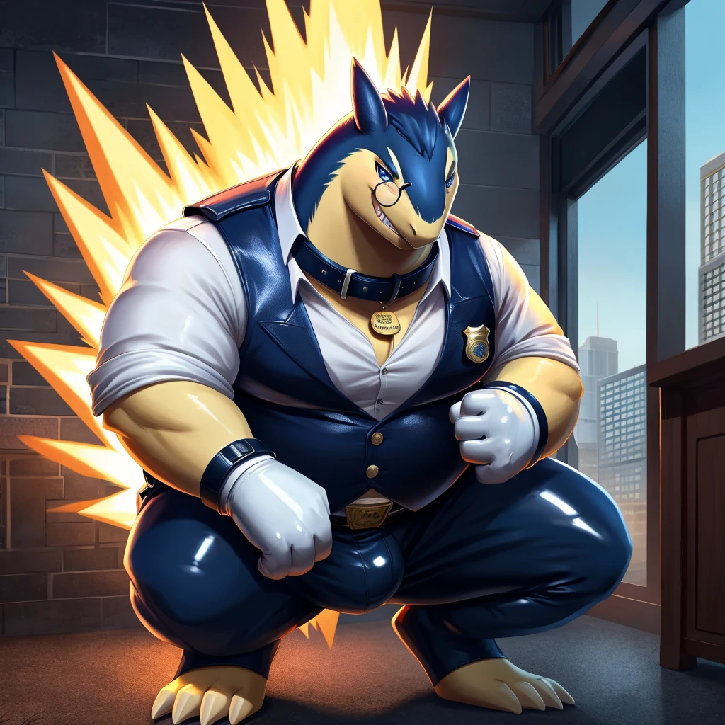 Solo, Male, fat, squatting, extremely obese, gentleman, dapper Typhlosion, blue eyes, (soft shading), 4k, hi res, ((detailed face, detailed)), looking at viewer, evil grin, police station, collared shirt with buttons, hat, male focus, Police Uniform, glasses, monocle, vest with buttons, sleeves rolled up, round eyewear, headwear, vest, Typhlosion is wearing a glossy leather dog collar around the neck, Typhlosion is wearing the leather collar and shirt and vest at the same time, Typhlosion is wearing glossy white rubber gloves on the hands, wearing white rubber gloves on the feet, Typhlosion is wearing glossy white cuffs around the wrists with cufflinks, gloves are rubber in texture, clenching teeth, clenching fists, leather collar is glossy and shiny with a lot of detail, Typhlosion is wearing gloves and cuffs and cufflinks at the same time, leather collar has a round dog-tag, leather collar is thick and detailed.