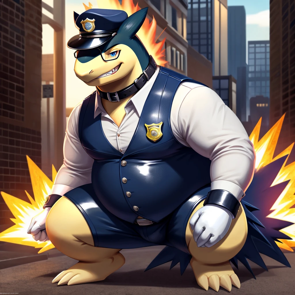 Solo, Male, fat, squatting, extremely obese, gentleman, dapper Typhlosion, blue eyes, (soft shading), 4k, hi res, ((detailed face, detailed)), looking at viewer, evil grin, police station, collared shirt with buttons, hat, male focus, Police Uniform, glasses, monocle, vest with buttons, sleeves rolled up, round eyewear, headwear, vest, Typhlosion is wearing a glossy leather dog collar around the neck, Typhlosion is wearing the leather collar and shirt and vest at the same time, Typhlosion is wearing glossy white rubber gloves on the hands, wearing white rubber gloves on the feet, Typhlosion is wearing glossy white cuffs around the wrists with cufflinks, gloves are rubber in texture, clenching teeth, clenching fists, leather collar is glossy and shiny with a lot of detail, Typhlosion is wearing gloves and cuffs and cufflinks at the same time, leather collar has a round dog-tag, leather collar is thick and detailed.