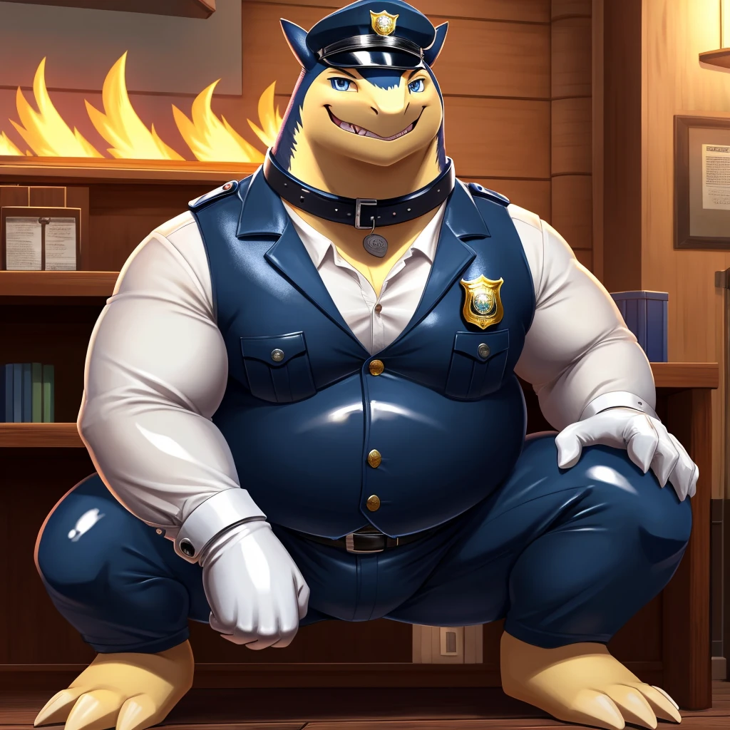 Solo, Male, fat, squatting, extremely obese, gentleman, dapper Typhlosion, blue eyes, (soft shading), 4k, hi res, ((detailed face, detailed)), looking at viewer, evil grin, police station, collared shirt with buttons, hat, male focus, Police Uniform, glasses, monocle, vest with buttons, sleeves rolled up, round eyewear, headwear, vest, Typhlosion is wearing a glossy leather dog collar around the neck, Typhlosion is wearing the leather collar and shirt and vest at the same time, Typhlosion is wearing glossy white rubber gloves on the hands, wearing white rubber gloves on the feet, Typhlosion is wearing glossy white cuffs around the wrists with cufflinks, gloves are rubber in texture, clenching teeth, clenching fists, leather collar is glossy and shiny with a lot of detail, Typhlosion is wearing gloves and cuffs and cufflinks at the same time, leather collar has a round dog-tag, leather collar is thick and detailed.