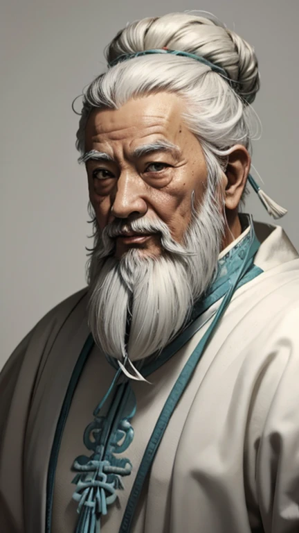 Oriental、Old man in plain white ancient Chinese costume、Ancient Chinese hairstyle old man、Highest quality、masterpiece、Ultra-high resolution、(Realistic:1.4)、Game Poster、Crisp and beautiful image quality、Gray Hair、white and long beard,,(whole body)、Dragging the hem、