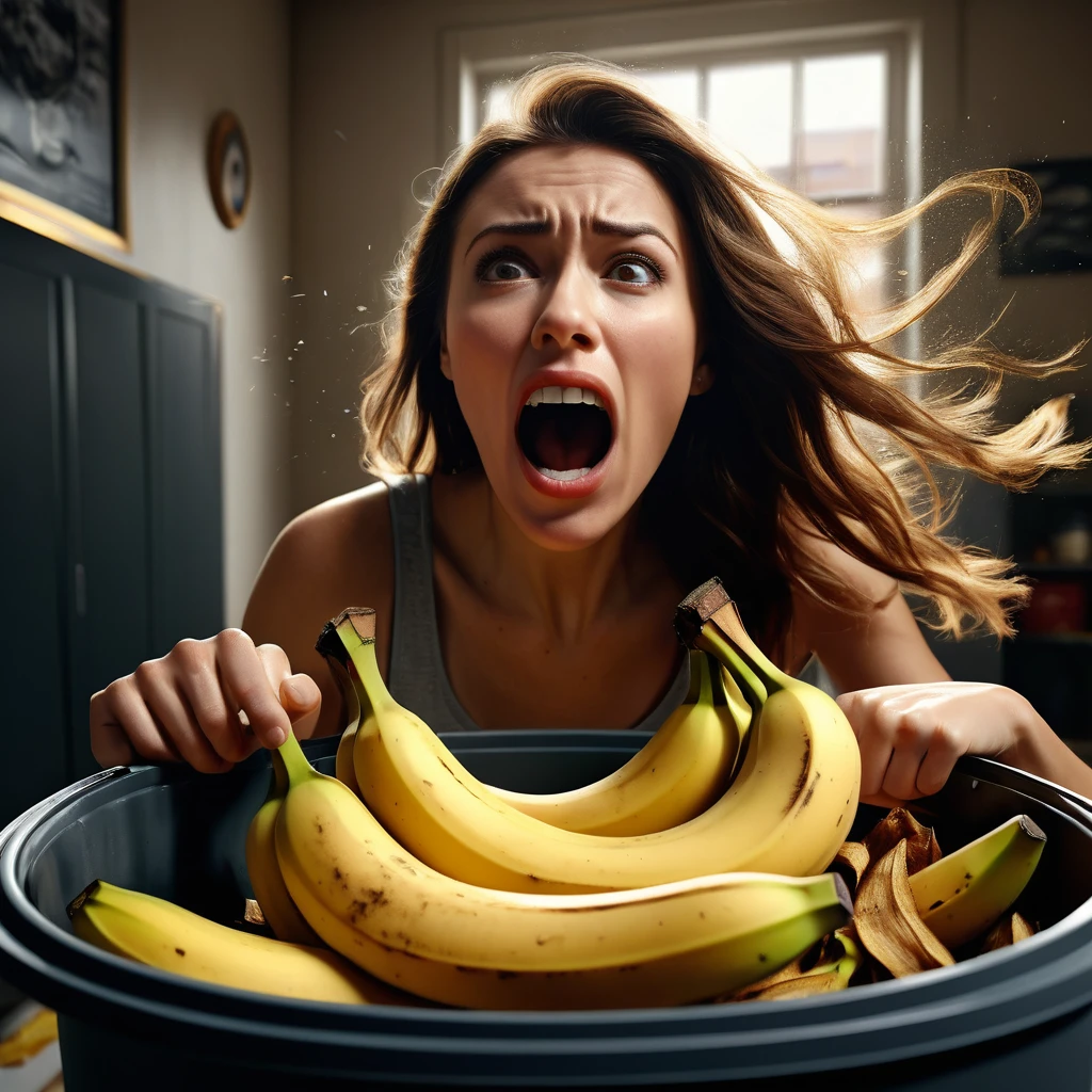 A stunning, hyper-realistic illustration of a woman reacting with shock as she places a banana peel into a dustbin. The composition captures her half-body and facial expression in extreme close-up, using a fish-eye lens to emphasize the intricacy of her emotions. The background is a blend of digital painting and 3D rendering, featuring an urban landscape with dramatic lighting and volumetric effects. The image showcases a wide array of technical advancements, such as unreal engine, DOF, super-resolution, anti-aliasing methods, and tone mapping, resulting in ultra-photorealistic, ultra-detailed, and intricately rendered visuals.