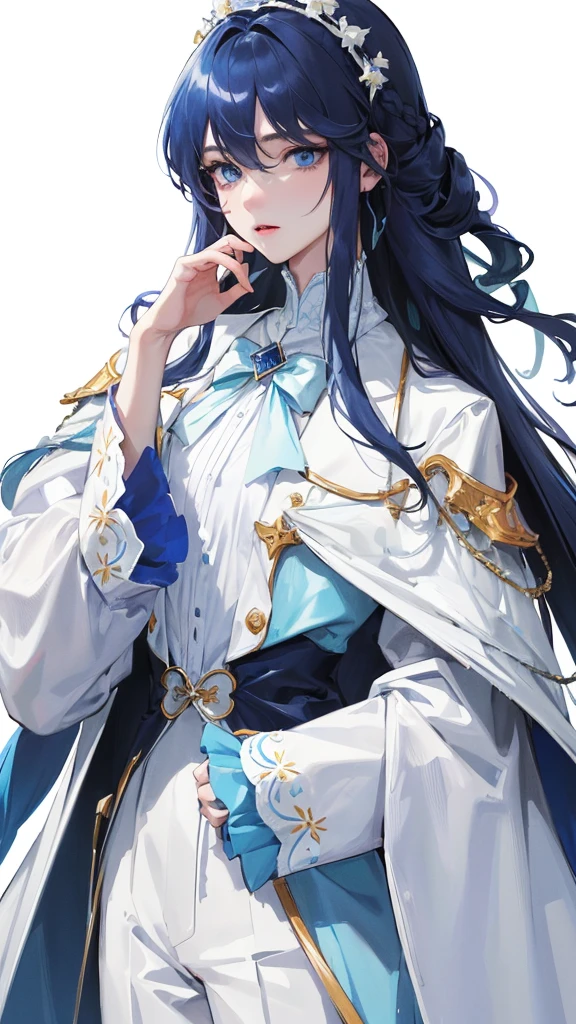(Top resolution、Distinct_image)top-quality、femele、​masterpiece、highly detailed、Semi-realistic、blue  eyes、18year old、young、cool clothing、Exquisite facial features、Facial features、unique hairstyle, variations, potrait, white background,   dark blue hair , long straight hairstyles, wear white suits