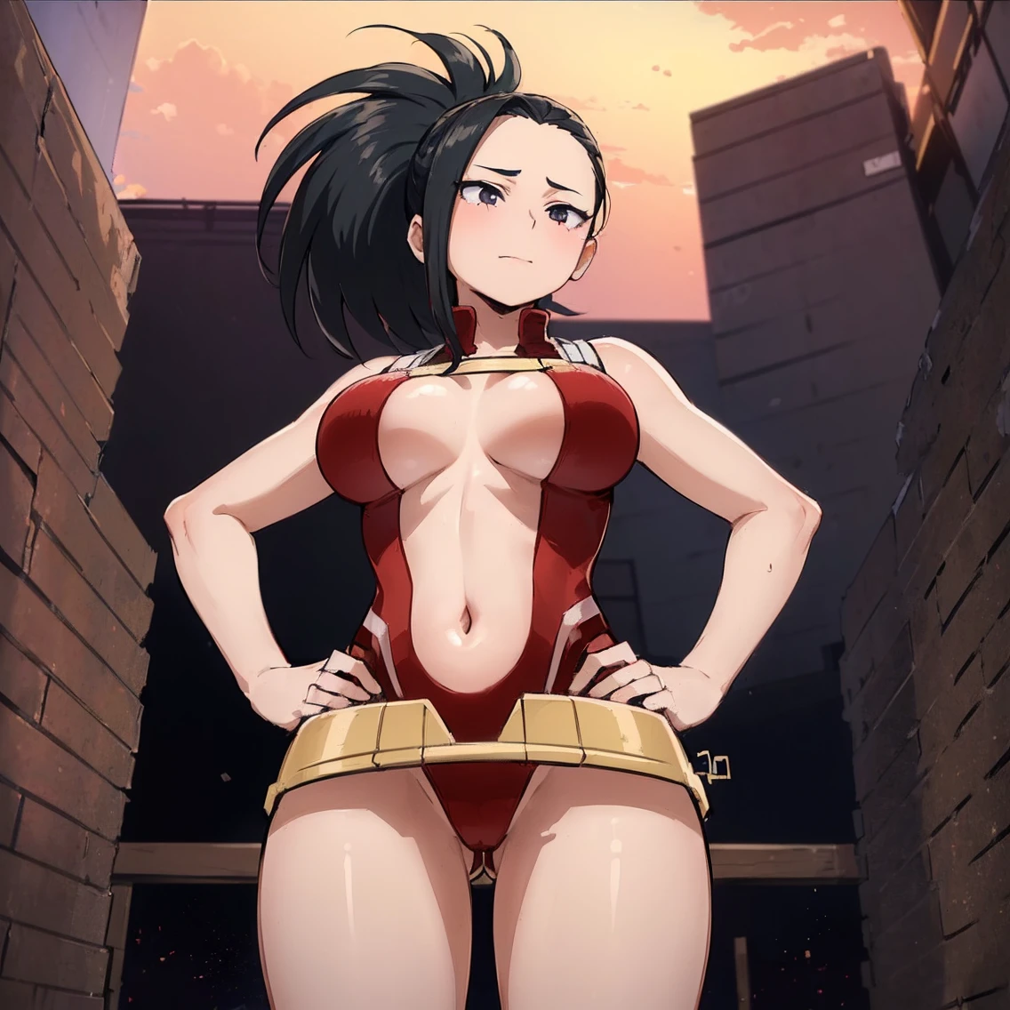 ((1girl)), ((alone)),yaoyorozu momo, ((extremely detailed CG unity 4k wallpaper)), (masterpiece), (ultra quality), (ultra detailed), (best illustration), (best shadow), (extremely detailed), looking at viewer, (absurdities), (detailed background), curvy body, dynamic pose, cowboy photo, large breasts, medium waist, wide hips, wide thighs, round butt,((eyes black, black hair, ponytail, long hair, hair up, central opening, cleavage, leotard, navel, red shoes, red leotard, alone, hero costume, smile, closed mouth)), standing, cowboy photo, backlight, ((solo)), ((standing: 1.4, exterior, Japanese city, streets of Tokyo, dusk, (serene expression, blushing, ,sexy, closed mouth, sexy pose), looking forward, ((focus on hips), point of view: (from below), perfect anatomy, perfect hands,