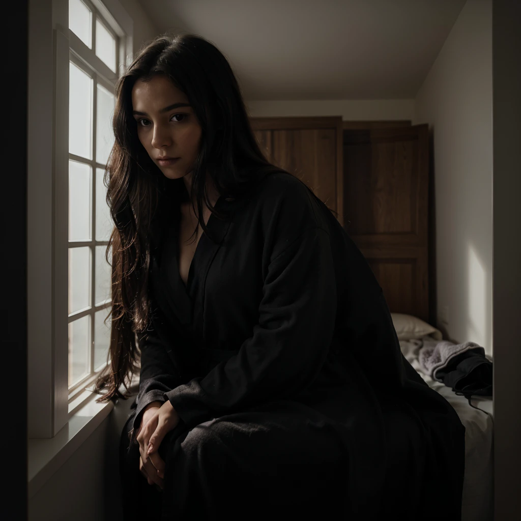 Sharp focus, darkened bedroom, long hair, dark haired woman, wearing frumpy robe, at window, on cellphone