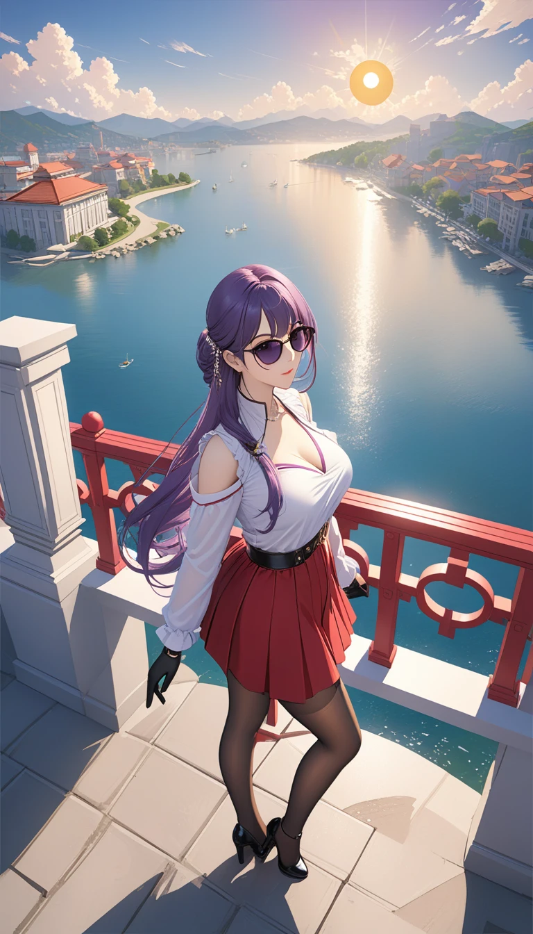 masterpiece, best quality,KFC, 1 Girl, Bangs, only_Shoulder, skirt, breast, Gloves, Jewelry, Large target_breast, long_hair, long_sleeve, Pantyhose, purple_Eye, purple_hair, shirt, Solitary,Viewer,sunglasses,Bikini, (sun, cloud,A renaissance city by the water,outdoor :1.1),Rendering in Blender((Isometric)),