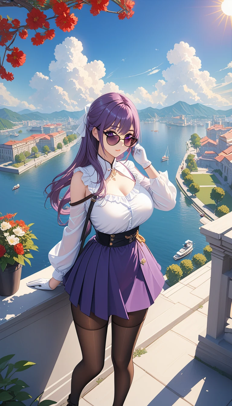 masterpiece, best quality,KFC, 1 Girl, Bangs, only_Shoulder, skirt, breast, Gloves, Jewelry, Large target_breast, long_hair, long_sleeve, Pantyhose, purple_Eye, purple_hair, shirt, Solitary,Viewer,sunglasses,Bikini, (sun, cloud,A renaissance city by the water,outdoor :1.1),Rendering in Blender((Isometric)),