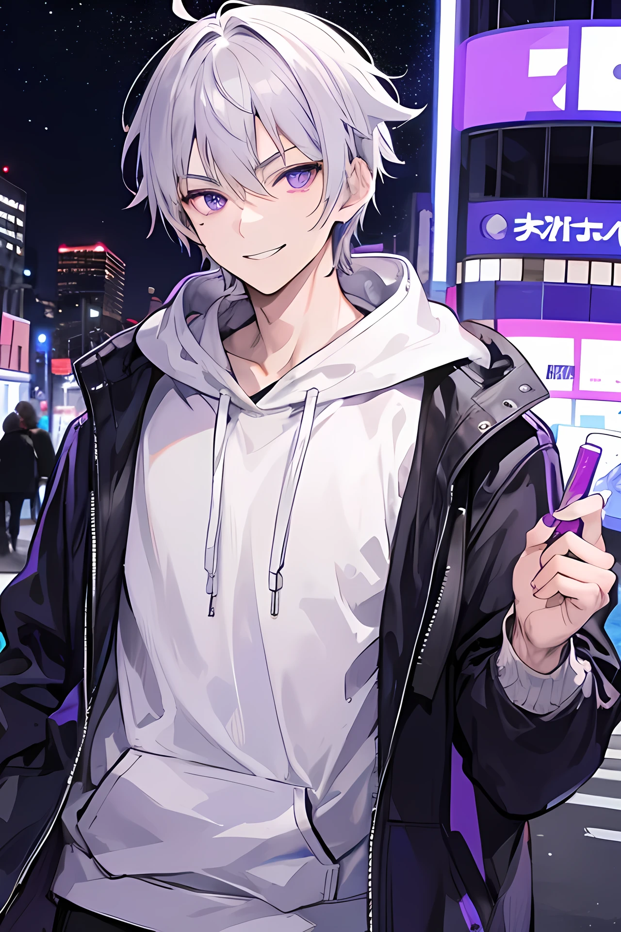 A man, gray hair and purple eyes, short hairstylist, white hoodie, city night, badass, smile, cool man