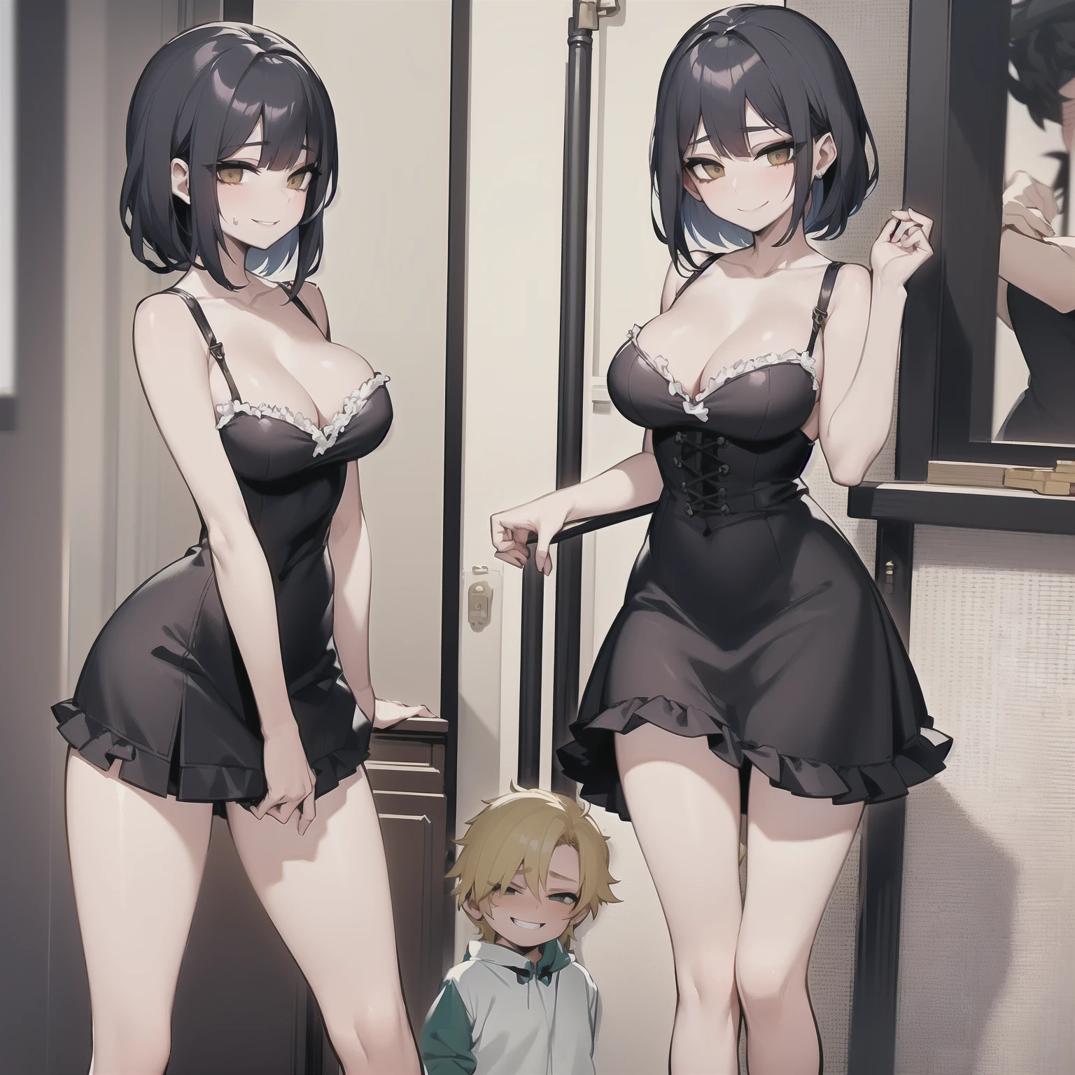 two sexy women looking down at boy with blonde hair, seductive smiles, portrait, various hair