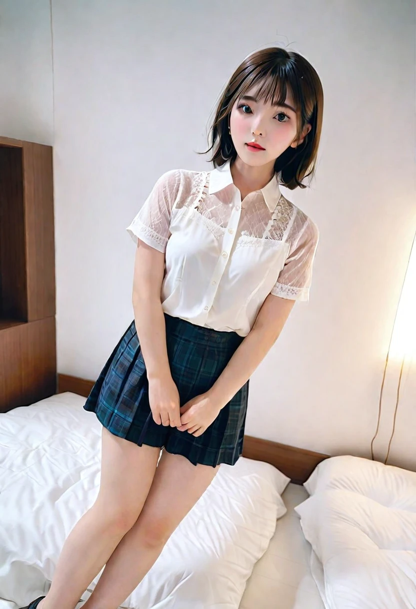 (Highest quality:1.9)、(High resolution)、Live-action image quality、((19 year old female university student、1 person))、Soft lighting by a professional photographer、Natural light、((Very spacious white luxurious room:1.6))、((Bright white room:1.6))、(Standing in front of a very luxurious white bed:1.2)、(White bookshelf background:1.1)、Natural soft light、((Black Hair Color:1.1))、Fair skin、Detailed Eyes、double eyelid、Slightly puffy cheeks、((Small Face:1.0))、((Pink lace short sleeve shirt、Please wear it with the chest open.:1.7))、((Checked mile)、((Girly pose 1.8))、((short hair:1.1))、((Full Body Shot:1.2))、((Height: 145cm))、Hands in front、Hold hands between legs、bangs、