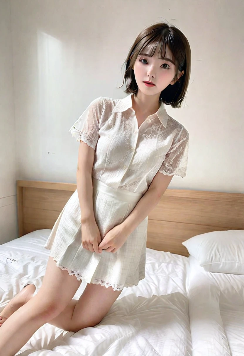 (Highest quality:1.9)、(High resolution)、Live-action image quality、((19 year old female university student、1 person))、Soft lighting by a professional photographer、Natural light、((Very spacious white luxurious room:1.6))、((Bright white room:1.6))、(Standing in front of a very luxurious white bed:1.2)、(White bookshelf background:1.1)、Natural soft light、((Black Hair Color:1.1))、Fair skin、Detailed Eyes、double eyelid、Slightly puffy cheeks、((Small Face:1.0))、((Pink lace short sleeve shirt、Please wear it with the chest open.:1.7))、((Checked mile)、((Girly pose 1.8))、((short hair:1.1))、((Full Body Shot:1.2))、((Height: 145cm))、Hands in front、Hold hands between legs、bangs、