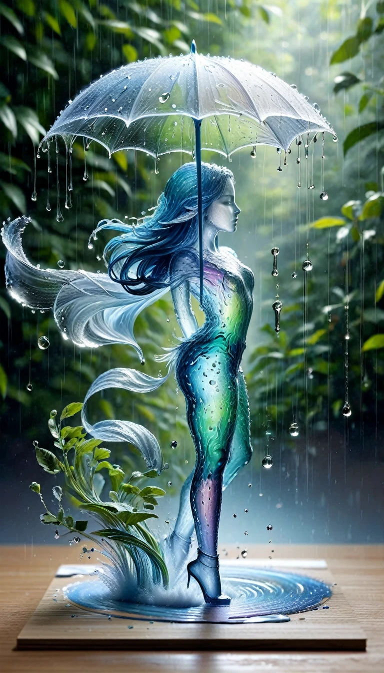 Une feuille de papier sur un bureau, Dessiner sur une feuille de papier, Dessiner une danseuse 4D de style encre uhd époustouflante et à couper le souffle, danseuse invisible déshabillée dansant sous la pluie, L’eau de pluie d’une personne invisible coule sur elle , Jour de pluie, effet holographique qui semble sortir de la feuille de dessin, dessin extrêmement détaillé, hyperréaliste, Des détails sublimes. Un travail vraiment remarquable, travail joyeux et sensuel, arrière plan minimaliste