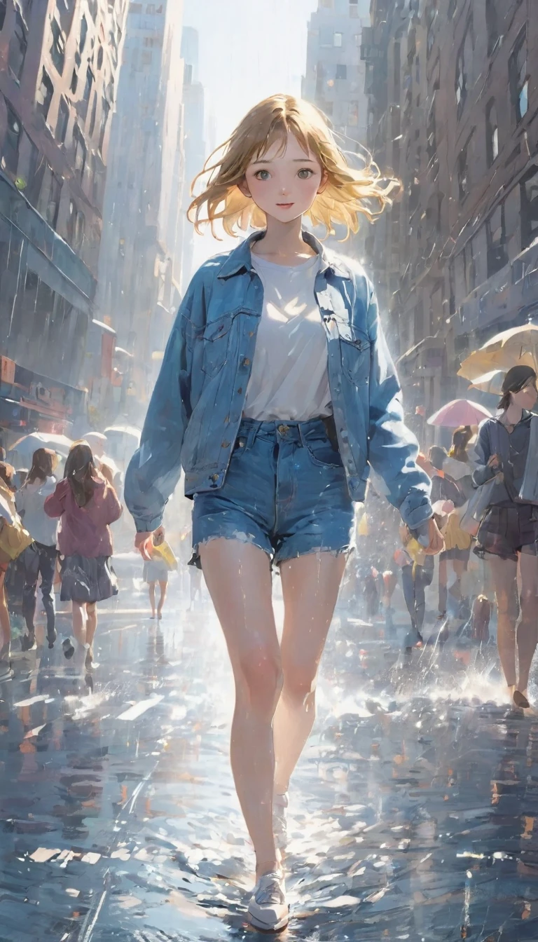 Highest quality、masterpiece:1.3、dancer、カッコいいdancer、Dancing Girl、(((一人の女の子が雨の中でInnocenceに笑いながら一回転をしている、Dancing in the rain:1.37)))、alone、Girls spinning in the heart of downtown、Innocence、Wet girl、Clothes that are wet、Casual clothing、Denim pants、New York Times、無人のNew York Times、