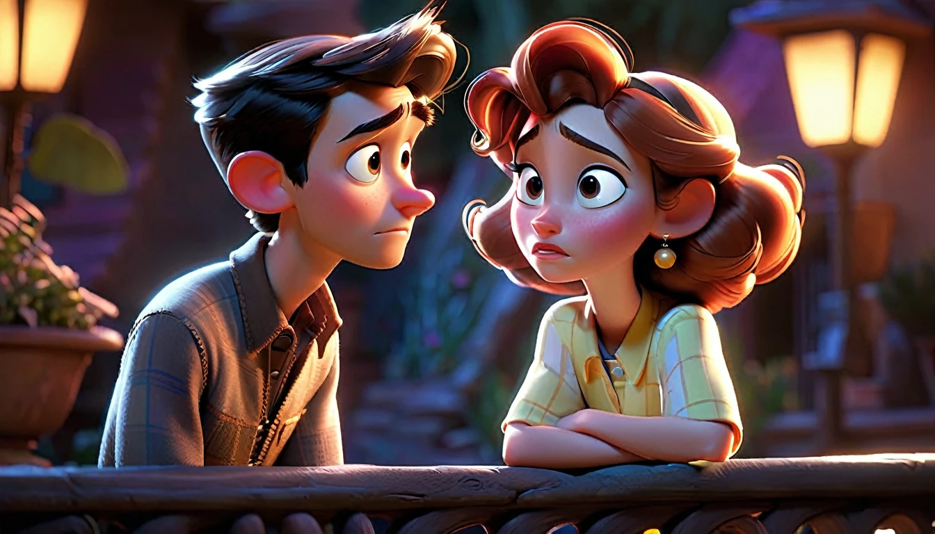 "Two characters, one gazing longingly at the other who is looking away, with soft, warm lighting, Disney Pixar style."