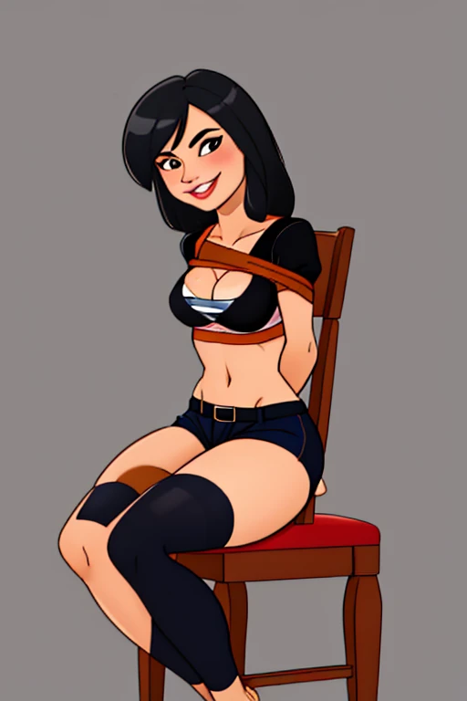 Flat color, solo, full body, A Sexy 18 year old stepmother wearing short navy shorts. Black stockings,(([ short white tee shirt, perfect small breasts, cleavage, showing underboob])) (([perfect body])), perfect face, beautiful, masterpiece,  highly detailed, barefoot,sit tied to a chair,
 solo, looking at viewer, very sexy seductive smile,
([Vanessa( :0)Hudgens|avi love|Emma( :0)Watson]:0.85), hands behind back,
((([Dark grey background])))
BREAK
score_9, score_8_up, score_7_up, score_6_up  
xvision style,