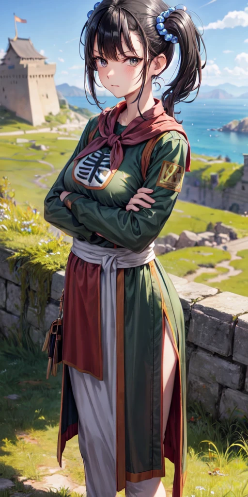 masterpiece, best quality, 4k, 8k, fighter (dq3), 1girl, solo, long hair, twintails, looking at viewer, black hair, hair ornament, long sleeves, dress, medium breasts, closed mouth, cowboy shot, black eyes, arm up, chinese clothes, hair bobbles, clenched hand, Standing Upright, Crossed Arms, Ancient Castle,