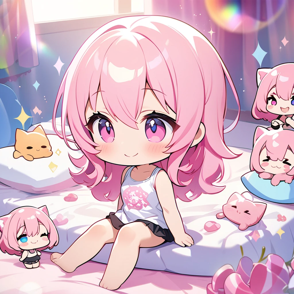 masterpiece, best quality, 4k、2D Illustration、one beautiful girl、solo、(((chibi style)))、((vivid colors))、cute chibi、lovely chibi、long beautiful hair, glossy pink hair, hair between eyes, cute、beautifully detailed eyes、((tank top))、((miniskirt))、(colorful))、((happy smile))、sitting on bed、((full body shot))、((kitten))、stroking the kitten's head, ((lots of pink stuff around))、((bed))、sparkle、((lens flare))、