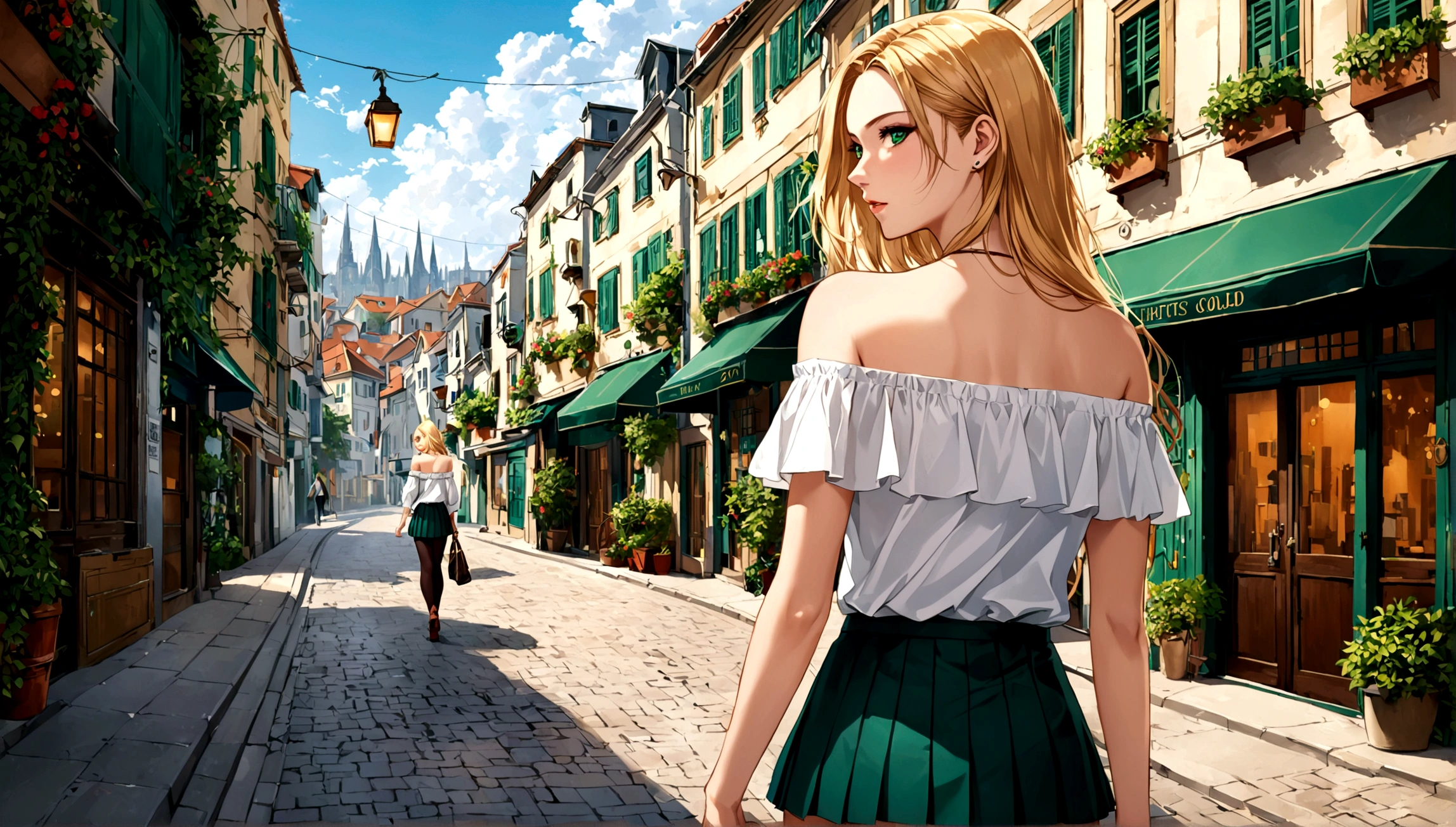 Walking through the streets of the city, with his back turned, looking over his shoulder, /(perfect and detailed hands, highly detailed and perfect fingers, perfect and detailed triangular face, beautiful, perfectly proportioned and highly detailed body,), /(A beautiful European woman with an indifferent expression on her face, 20 years old, straight golden blonde hair, white skin, with perfectly detailed emerald green eyes), /(Casual wear: short dark blue fitted skirt with pleats, white off-shoulder blouse with a tight fit),