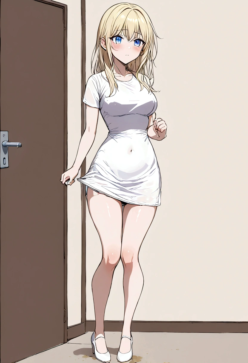 Anime. Baby. Princess. Blonde. Long hair. Blue eyes. Beautiful eyes. Light dress. Shoes. Urinary incontinence. Pee. Wants to pee. I need to pee. A very strong, desperate urge to pee. presses his hand tightly to his crotch. I peed. Pees while standing. Pissing to himself. Pissing in panties. I peed myself. Urine runs down my thighs. There is a wet spot on the crotch of the dress. The girl can't stand straight. Fantasy city. Lock. Corridor . At the entrance to the toilet. Full height. Standing. Full body.