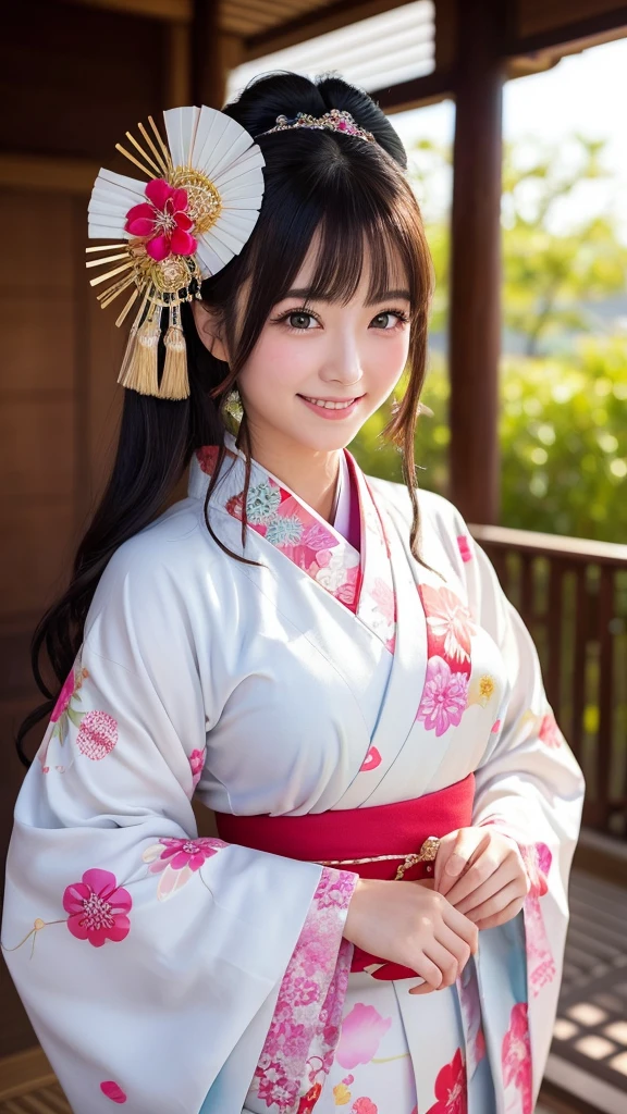 Love goddess, flushed cheeks, early 20s, hairstyle and kimono like Orihime from Tanabata, kimono and hair accessories with lots of decorations, big smile, sparkling eyes