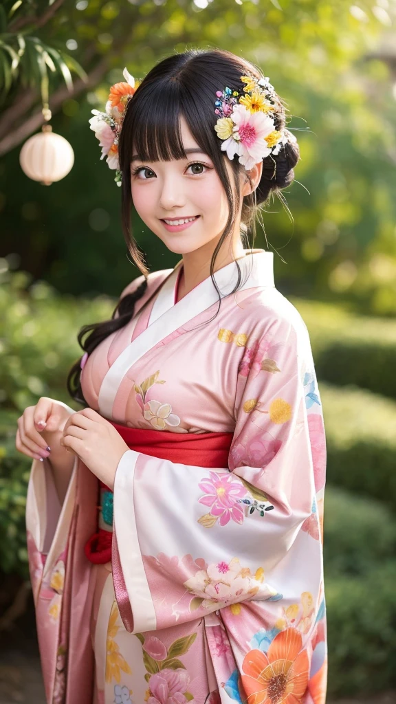 Love goddess, flushed cheeks, early 20s, hairstyle and kimono like Orihime from Tanabata, kimono and hair accessories with lots of decorations, big smile, sparkling eyes