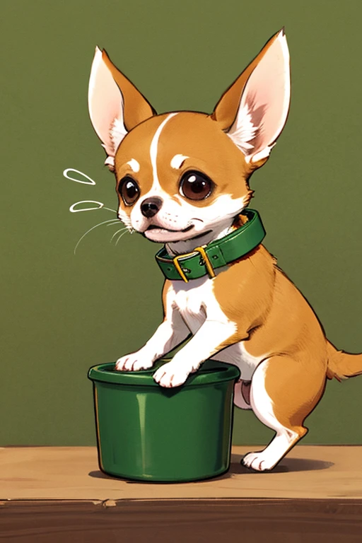 hight quality, Uplifting, 1dog, Chihuahua, right brown , soft animal hair, small face, big ear, raise front legs, green collar, high jump
