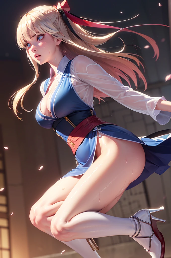 Biologically correct limb count)),(( From head to toe,Full-body photo including face)),4K,((Standing position)),masterpiece,((Focus on the face)),((Symmetrical facial features)),Eyes with detailed description,Beautiful woman,Great style,Beautiful arms,Beautiful feet,Beautiful Hands,(Small Ass,Thin thighs),Facial details,((High heels,Patterned stockings),Realistic photos,blue eyes, hair ornaments, Hair Ribbon,Random color see-through kunoichi costume、Japanese see-through female samurai costume、See-through female ninja costume,, Open clothes, Collared dress emphasizes cleavage、胸の谷間のSweat is noticeable、Professional lighting light reflection、 looking at viewer, (masterpiece:1.2), Highest quality, High resolution, unity 8k wallpaper, (figure:0.8), (Beautiful fine details:1.6), Highly detailed face, Perfect lighting, Highly detailed CG, (Perfect hands, Perfect Anatomy),heavy rain、heavy rainで全身びしょ濡れ、heavy rainで全身びしょ濡れの服、High heels、 ((Perfect handsの形))、(Perfect foot shape、Embarrassed expression、blush、Gestures to seduce a man、Shining Sweat、Perfect Skin,Sweat is noticeable、太もものSweat is noticeable、 Fair skin,Tight waist, Sweating profusely、Sweaty hair、Sweaty clothes、Sweaty、Visible sweat、rain-wet hair、A vast Western church with stained glass windows、Holding a Japanese sword、Athlete System、cherry blossoms、Blonde、Silver Hair