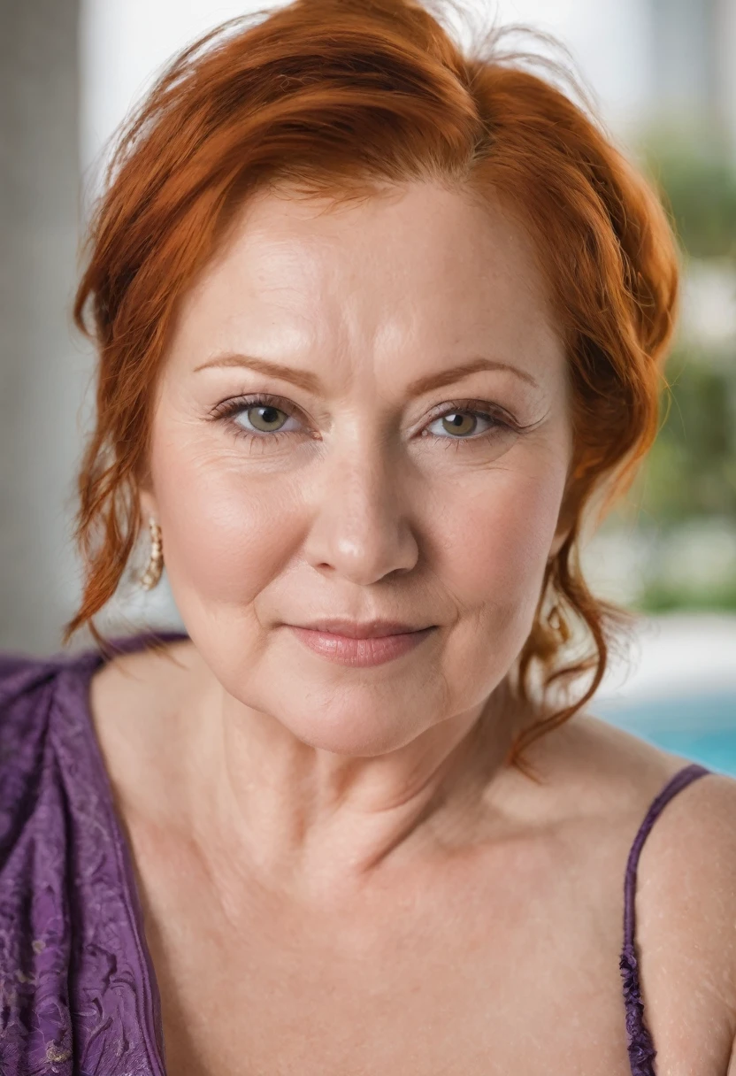 A 50 year old Russian woman with huge breasts, curvy, ginger short bop hair, thermal bath 