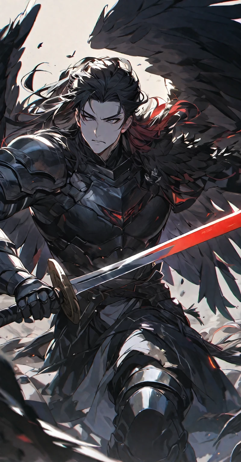 Best quality, one, beautiful, 1 man, tall man, with a sporty body, V-shaped body, wide shoulders, black detailed armour with bright white details, 10 black feathered wings, long hair, black hair covered with dirt and charcoal, neon white pupils (white eyes), the man has a huge sword in his hand, in a fighting position, against the background of Black miasma with shades of red