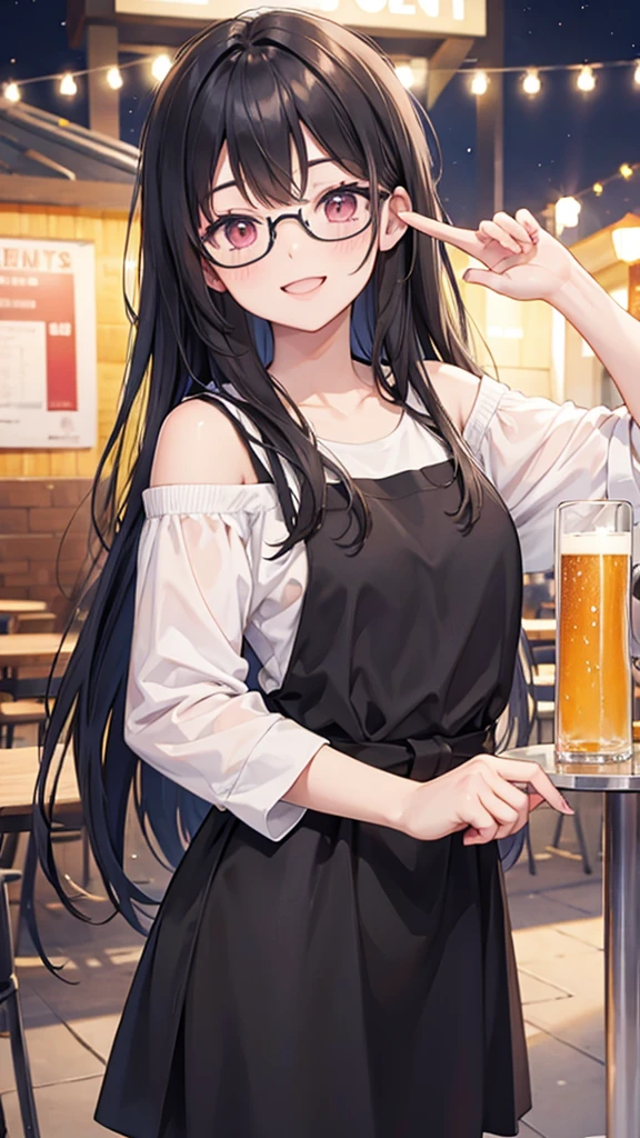 masterpiece, Highest quality, cheers,Black Hair,Pink eyes,Long Hair,Straight Hair,Glasses,White off-the-shoulder T-shirt,Night Sky,beer garden,A perfect smile,Open your mouth,Smiling eyes