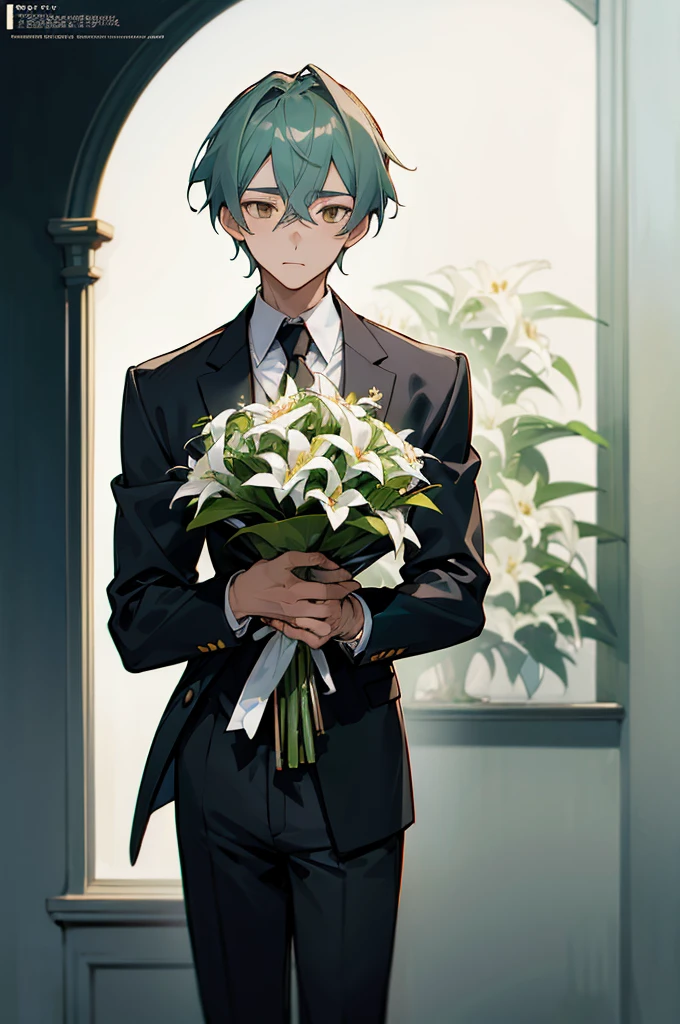 (((Young man with a bouquet))), Bouquet of lilies. From the waist up, Overlooking, with index finger, wise ( Valuing ), zerochan, suit, wataru kajika, anime character, the truth of the matter, 2 d anime style, detailed anime character art, anime moe artstyle, anime style character