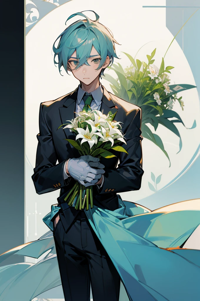 (((Young man with a bouquet))), Bouquet of lilies.  From the waist up, Overlooking, with index finger, wise ( Valuing ), zerochan, suit, wataru kajika, anime character, the truth of the matter, 2 d anime style, detailed anime character art, anime moe artstyle, anime style character