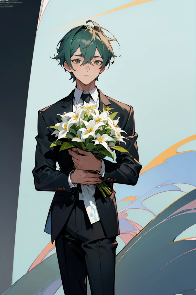 (((Young man with a bouquet))), Bouquet of lilies.  From the waist up, Overlooking, with index finger, wise ( Valuing ), zerochan, suit, wataru kajika, anime character, the truth of the matter, 2 d anime style, detailed anime character art, anime moe artstyle, anime style character