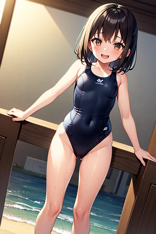 masterpiece, extra limbs, 1girl,8years old, black straight hair, tareme brown eyes, (((delighted))),wet, white one pieces swimsuit,standing,spread arms,beach ,high angle,pov