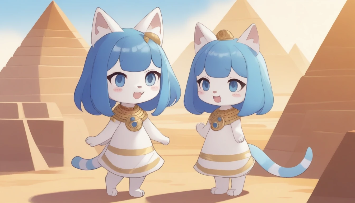 1girl,Artist Name,Egyptian cat,Blue Hair,skin,Keep your mouth shut,Wear,whole body,solo,Standing,猫Tail,Keep your mouth shut,Wear,Looking at the audience,Animal Crossing Furry, Blue Hair, Hair accessories, 黄skin, black eyes, White Dress, Tail, Egyptian Pyramids,mummy,Sunlight,sunny,(masterpiece), ((best quality), Detailed background, masterpiece, best quality, high quality, absurd, The award-winning, professional, Very detailed