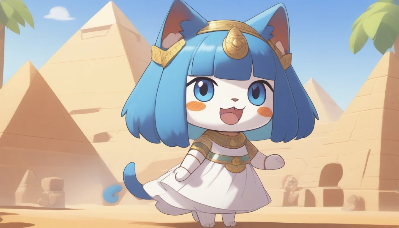1girl,Artist Name,Egyptian cat,Blue Hair,skin,Keep your mouth shut,Wear,whole body,solo,Standing,猫Tail,Keep your mouth shut,Wear,Looking at the audience,Animal Crossing Furry, Blue Hair, Hair accessories, 黄skin, black eyes, White Dress, Tail, Egyptian Pyramids,mummy,Sunlight,sunny,(masterpiece), ((best quality), Detailed background, masterpiece, best quality, high quality, absurd, The award-winning, professional, Very detailed