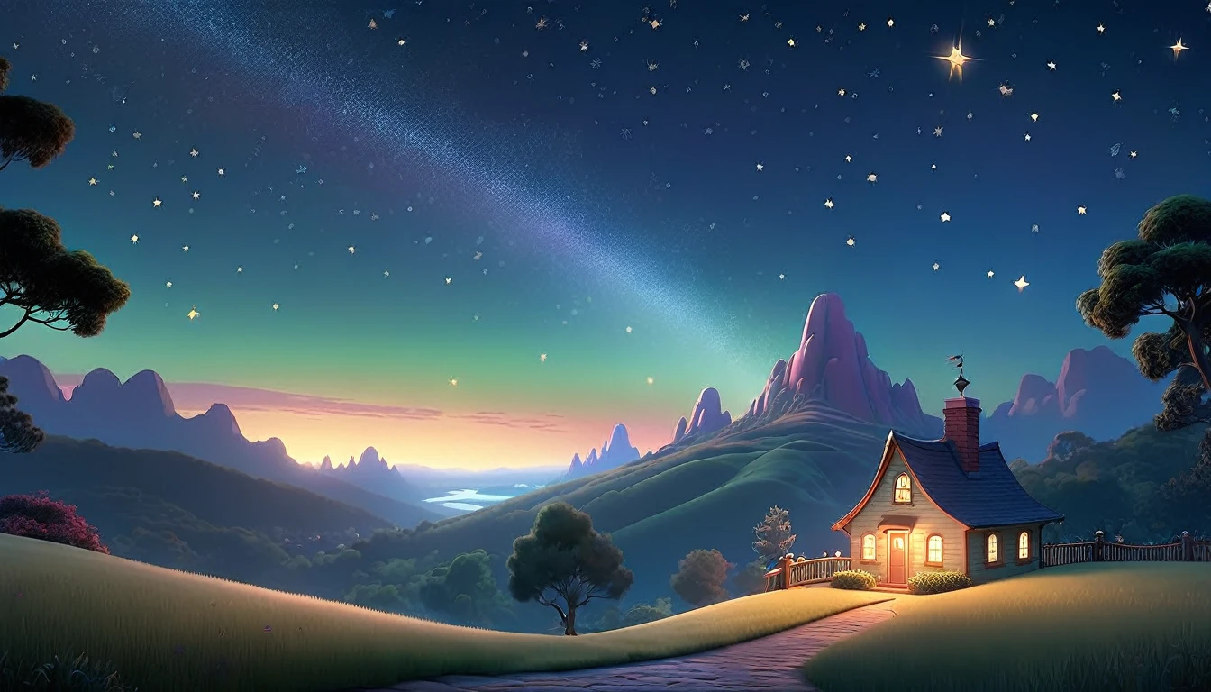 "A night sky featuring a single, twinkling star casting a gentle glow over a serene landscape, in a charming Disney Pixar style."